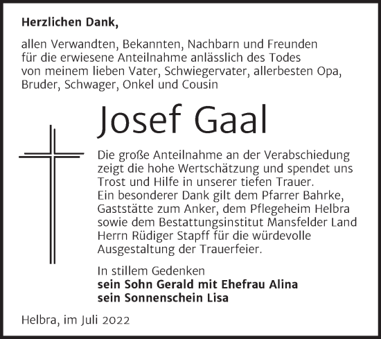 Traueranzeige von Josef Gaal von Trauerkombi Mansfelder Land