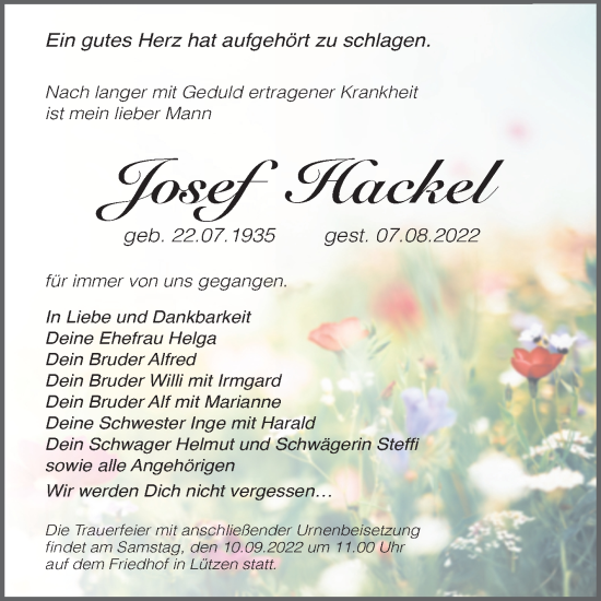 Traueranzeige von Josef Hackel von Trauerkombi Weißenfels
