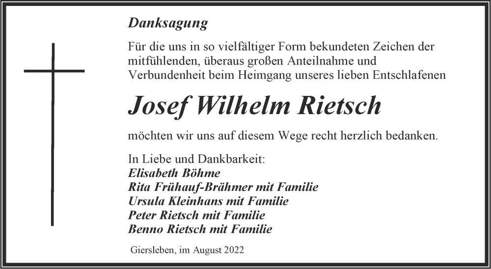  Traueranzeige für Josef Wilhelm Rietsch vom 27.08.2022 aus Trauerkombi Aschersleben
