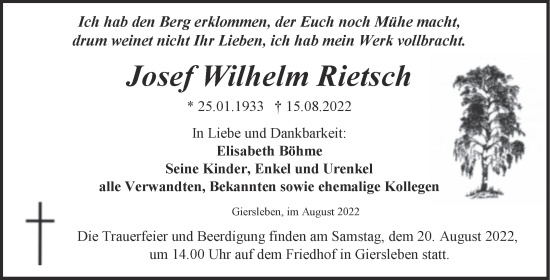 Traueranzeige von Josef Wilhelm Rietsch von Trauerkombi Aschersleben