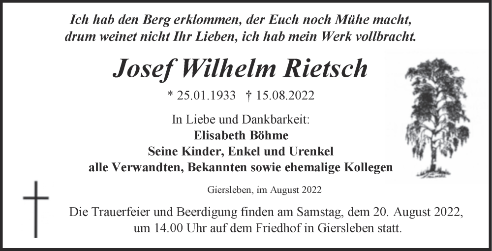  Traueranzeige für Josef Wilhelm Rietsch vom 20.08.2022 aus Trauerkombi Aschersleben
