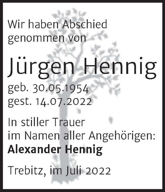 Traueranzeige von Jürgen Hennig von Trauerkombi Wittenberg