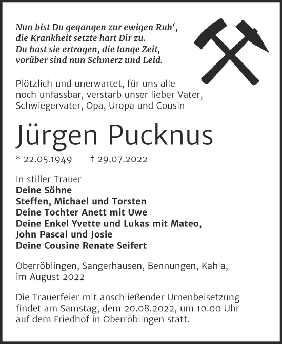 Traueranzeige von Jürgen Pucknus von Trauerkombi Sangerhausen