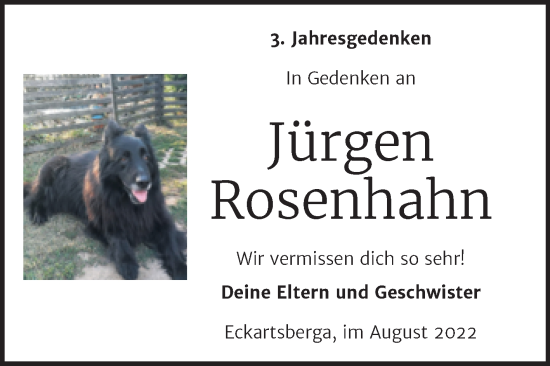 Traueranzeige von Jürgen Rosenhahn von Wochenspiegel Naumburg/Nebra