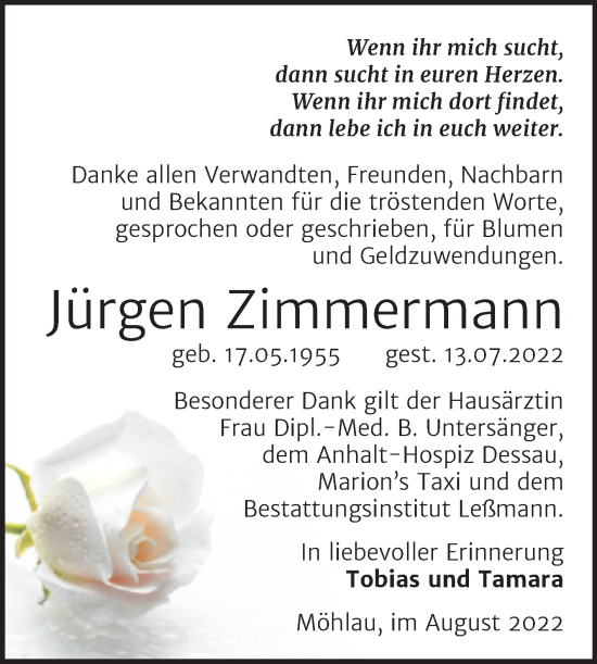 Traueranzeige von Jürgen Zimmermann von Trauerkombi Wittenberg