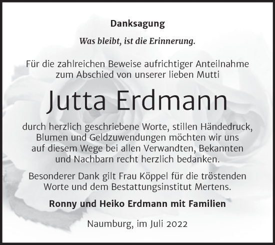 Traueranzeige von Jutta Erdmann von Wochenspiegel Naumburg/Nebra