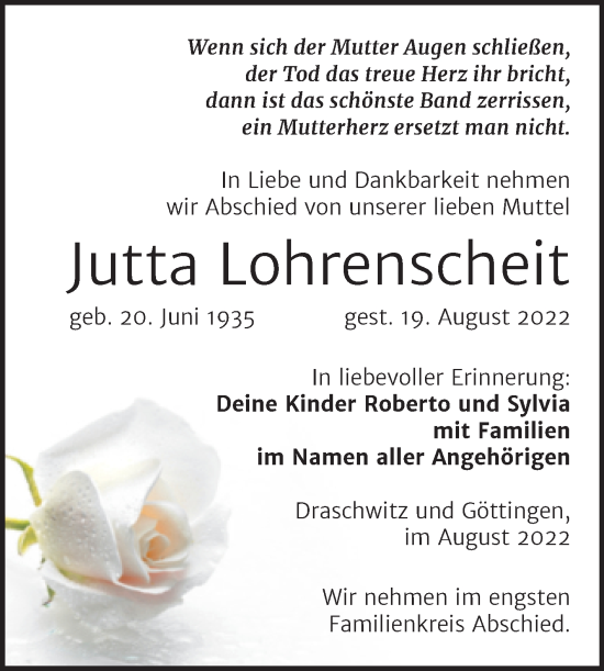 Traueranzeige von Jutta Lohrenscheit von Trauerkombi Zeitz