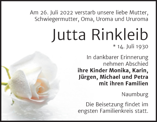Traueranzeige von Jutta Rinkleib von Wochenspiegel Naumburg/Nebra
