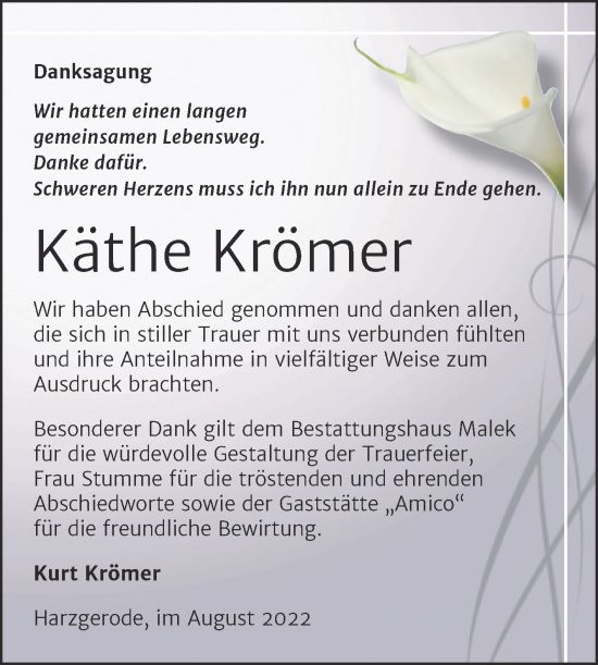 Traueranzeige von Käthe Krömer von Trauerkombi Quedlinburg