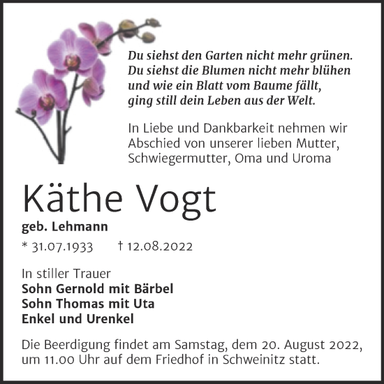 Traueranzeige von Käthe Vogt von Mitteldeutsche Zeitung