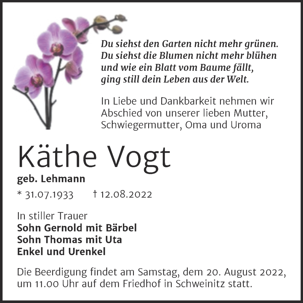  Traueranzeige für Käthe Vogt vom 17.08.2022 aus Mitteldeutsche Zeitung