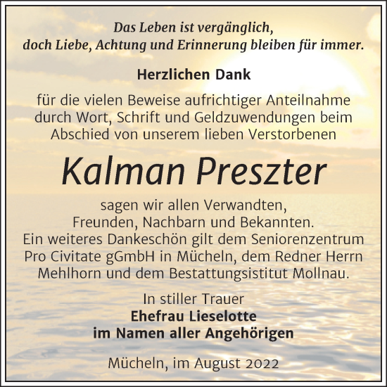 Traueranzeige von Kaiman Preszter von Trauerkombi Merseburg