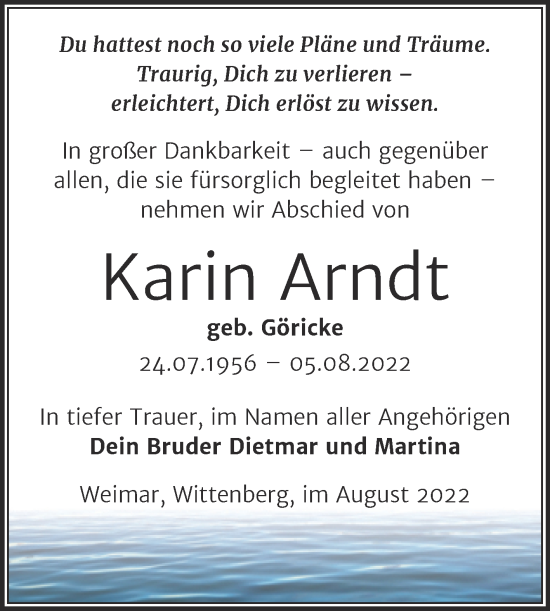 Traueranzeige von Karin Arndt von Trauerkombi Wittenberg