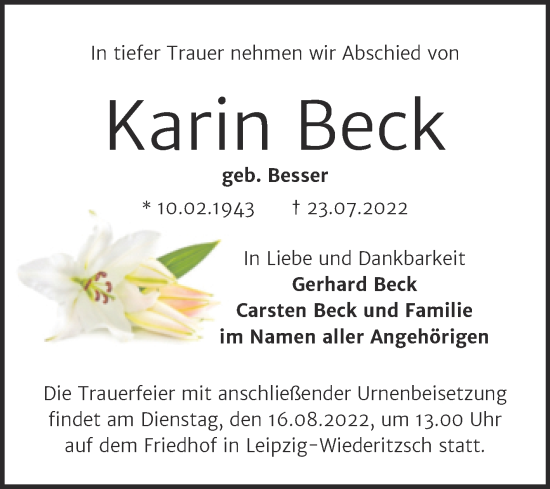 Traueranzeige von Karin Beck von Mitteldeutsche Zeitung Merseburg/Querfurt