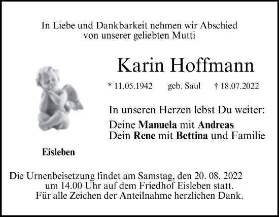 Traueranzeige von Karin Hoffmann von Mitteldeutsche Zeitung Mansfelder Land