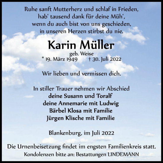 Traueranzeige von Karin Müller von Super Sonntag Zeitz