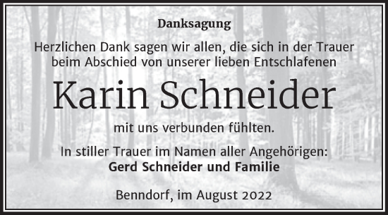 Traueranzeige von Karin Schneider von Trauerkombi Mansfelder Land