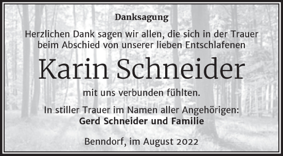 Traueranzeige von Karin Schneider von Trauerkombi Mansfelder Land