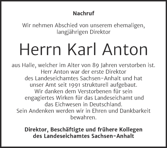 Traueranzeige von Karl Anton von Mitteldeutsche Zeitung Halle/Saalkreis
