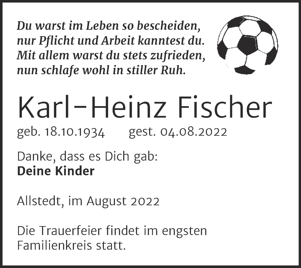  Traueranzeige für Karl-Heinz Fischer vom 13.08.2022 aus Mitteldeutsche Zeitung Sangerhausen