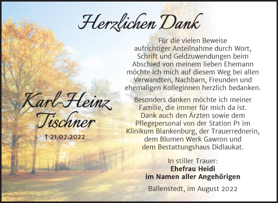 Traueranzeige von Karl-Heinz Tischner von Trauerkombi Quedlinburg