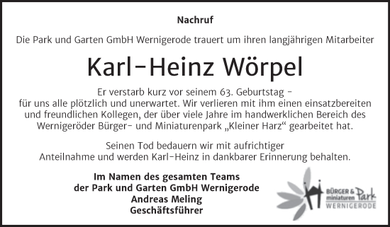Traueranzeige von Karl-Heinz Wörpel von Mitteldeutsche Zeitung Quedlingburg