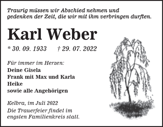 Traueranzeige von Karl Weber von Trauerkombi Sangerhausen