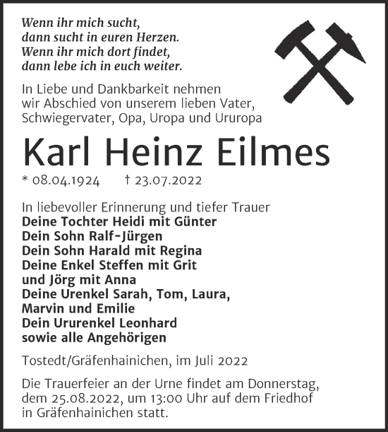 Traueranzeige von Karl Heinz Eilmes von Trauerkombi Wittenberg