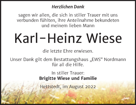 Traueranzeige von Karl Heinz Wiese von Trauerkombi Mansfelder Land