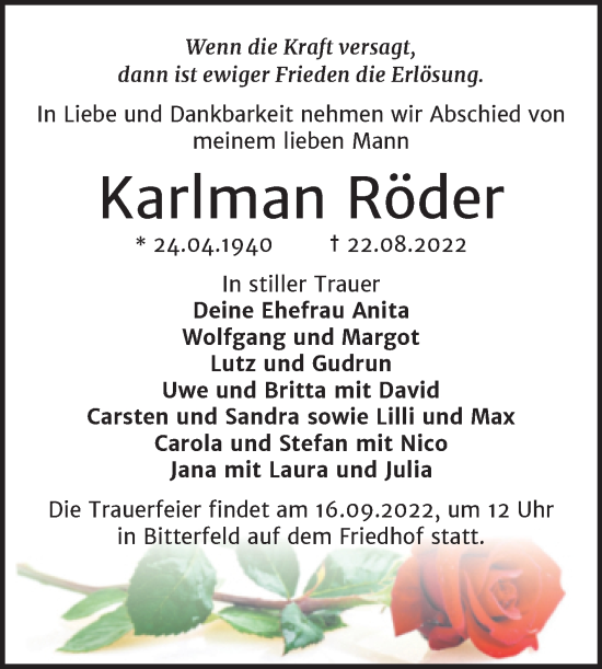 Traueranzeige von Karlman Röder von Trauerkombi Bitterfeld