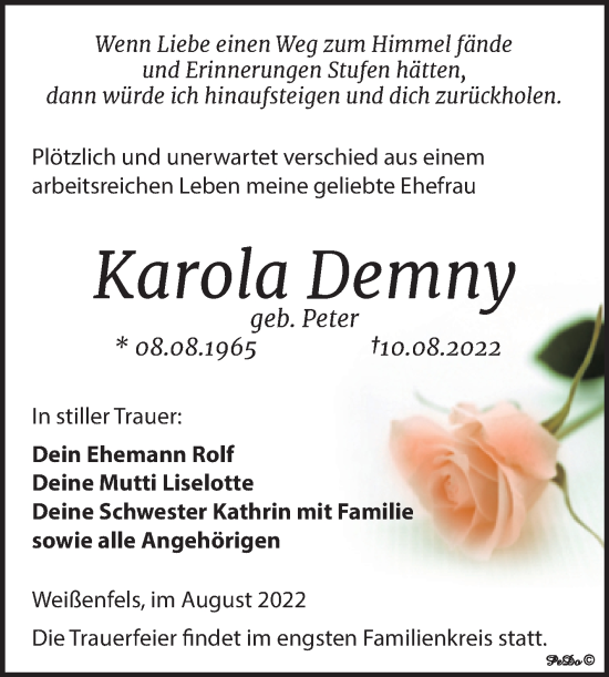 Traueranzeige von Karola Demny von Trauerkombi Weißenfels