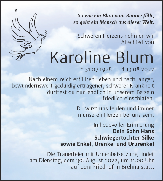 Traueranzeige von Karoline Blum von Trauerkombi Bitterfeld