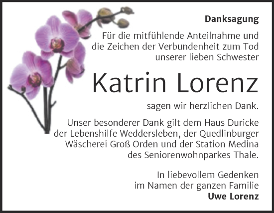 Traueranzeige von Katrin Lorenz von Trauerkombi Quedlinburg