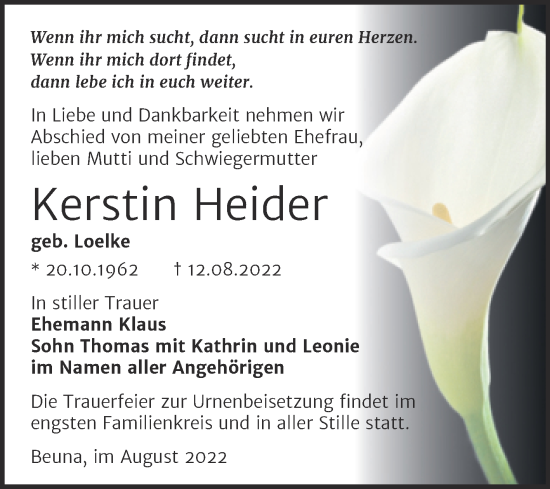 Traueranzeige von Kerstin Heider von Trauerkombi Merseburg