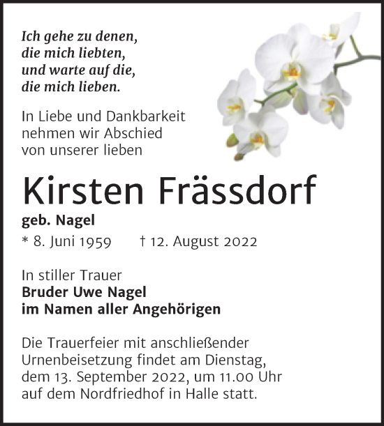 Traueranzeige von Kirsten Frässdorf von Mitteldeutsche Zeitung Halle/Saalkreis