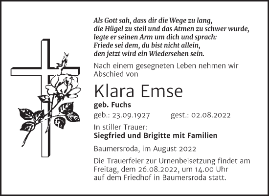 Traueranzeige von Klara Emse von Naumburger Tageblatt