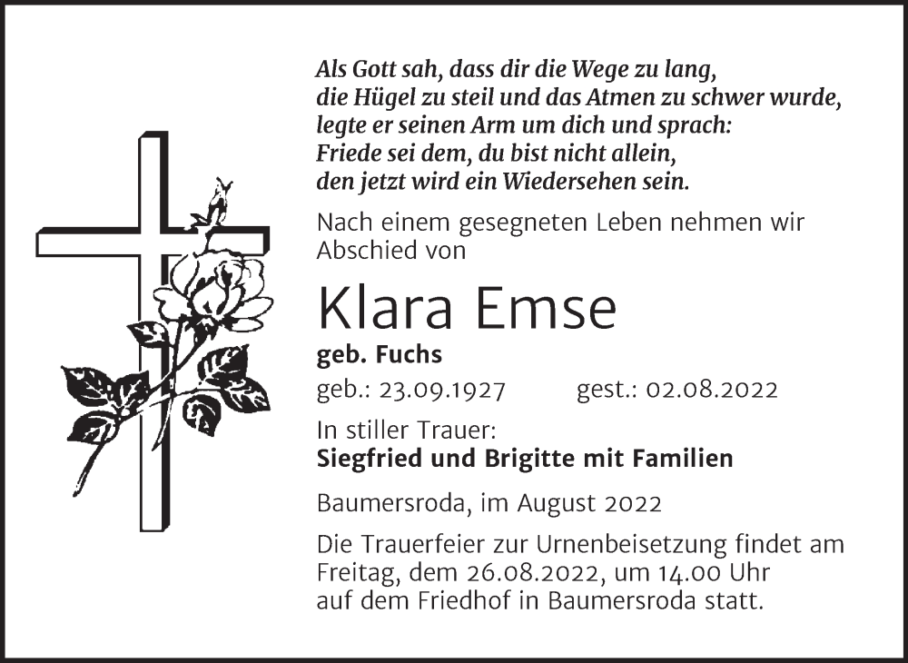  Traueranzeige für Klara Emse vom 13.08.2022 aus Naumburger Tageblatt