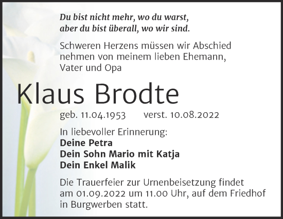 Traueranzeige von Klaus Brodte von Trauerkombi Weißenfels