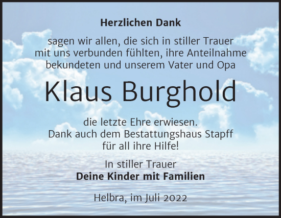 Traueranzeige von Klaus Burghold von Trauerkombi Mansfelder Land