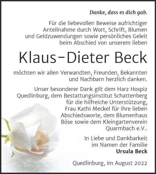 Traueranzeige von Klaus-Dieter Beck von Trauerkombi Quedlinburg