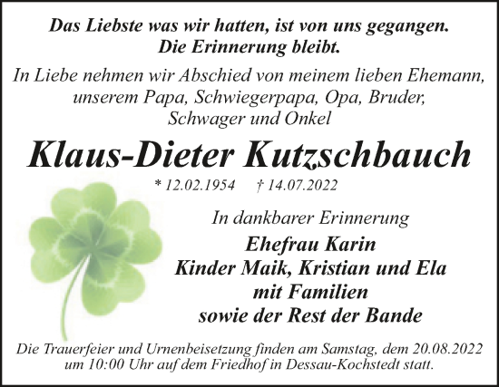 Traueranzeige von Klaus-Dieter Kutzschbauch von Trauerkombi Dessau