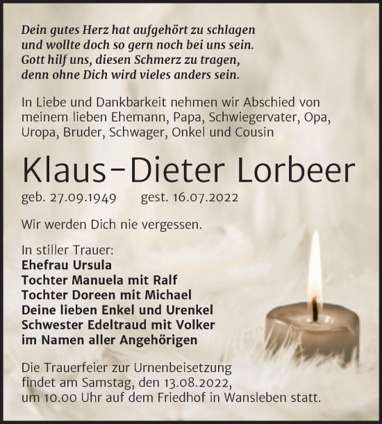 Traueranzeige von Klaus-Dieter Lorbeer von Trauerkombi Mansfelder Land