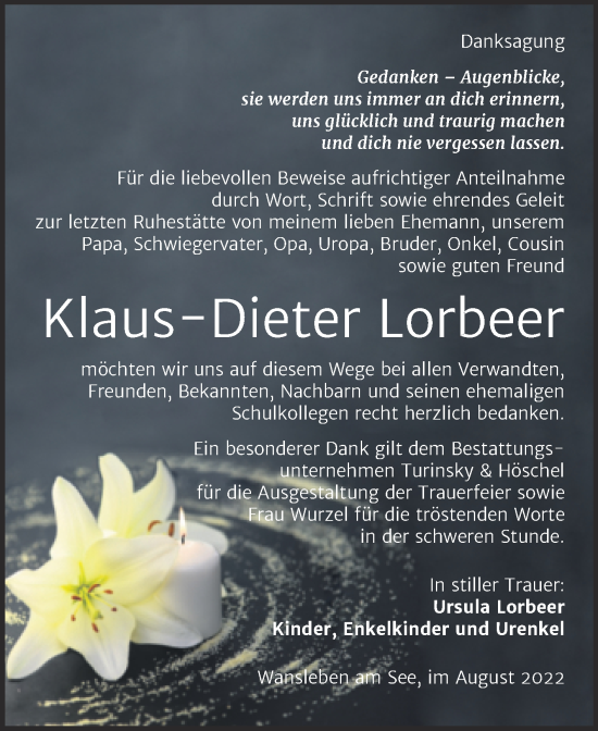 Traueranzeige von Klaus-Dieter Lorbeer von Trauerkombi Mansfelder Land