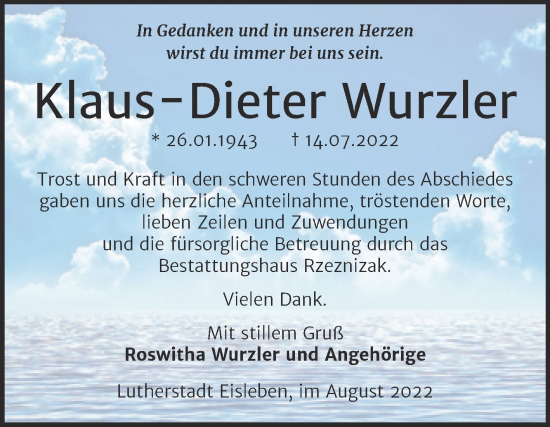 Traueranzeige von Klaus-Dieter Wurzler von Trauerkombi Mansfelder Land