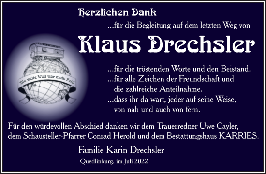 Traueranzeige von Klaus Drechsler von Trauerkombi Quedlinburg