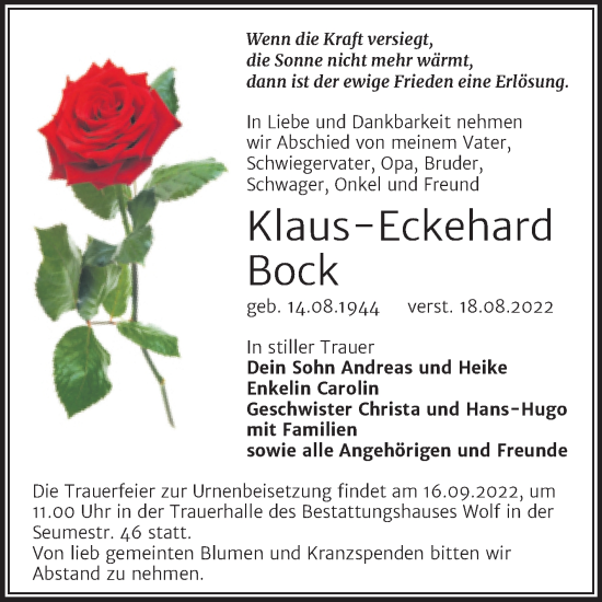 Traueranzeige von Klaus-Eckehard Bock von Trauerkombi Weißenfels