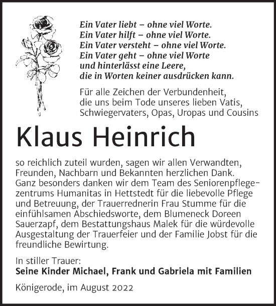 Traueranzeige von Klaus Heinrich von Trauerkombi Quedlinburg