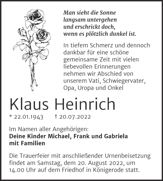 Traueranzeige von Klaus Heinrich von Trauerkombi Quedlinburg