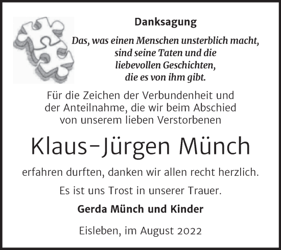 Traueranzeige von Klaus-Jürgen Münch von Trauerkombi Mansfelder Land