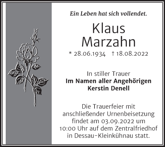 Traueranzeige von Klaus Marzahn von Trauerkombi Dessau